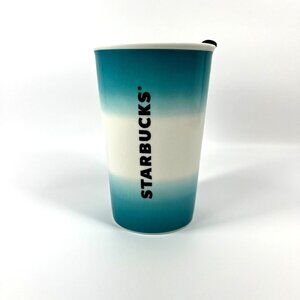 Starbucks Double Wall Ceramic Travel Tumbler 8 oz Secure Lid Ombre Teal White